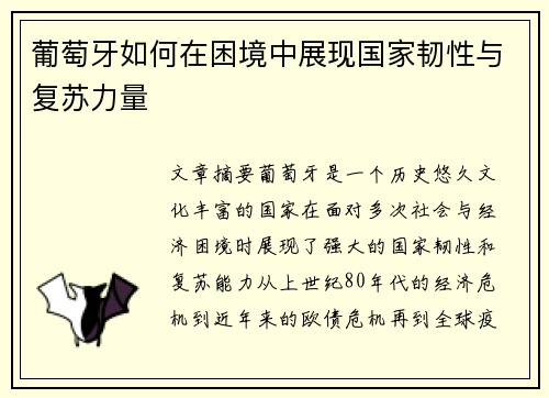 葡萄牙如何在困境中展现国家韧性与复苏力量