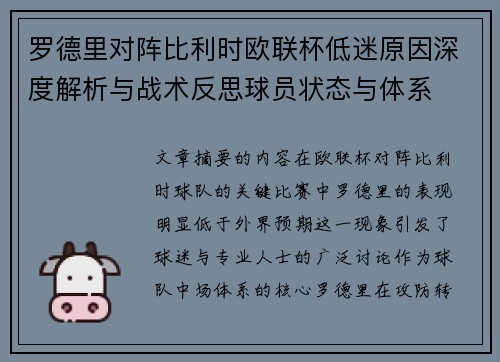 罗德里对阵比利时欧联杯低迷原因深度解析与战术反思球员状态与体系
